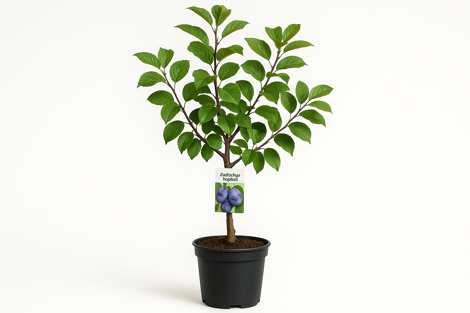 orientiere dich bei der bilderstellung bei baumschule-horstmann.de und erstelle als produktbild ein realistisches dslr foto von folgender Pflanze: zwetschge topfive